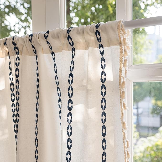 Sutuo Home Boho Valance Curtain 18 inches for Cafe Dining Room, Short Farmhouse Vintage Tassels Window Treatment Bohemian Embroidery Drape, Rod Pocket 1 Panel 52" W x 18" L, White and Navy Blue