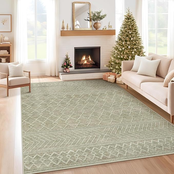 5x7 Area Rug Living Room: Washable Boho Geometric Moroccan Rug Neutral Modern Farmhouse Indoor Soft Non Slip Ultra Thin Printed Pattern Carpet for Dining Room Bedroom Nursery Home (Brown, 5'x7')