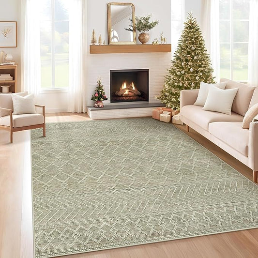 5x7 Area Rug Living Room: Washable Boho Geometric Moroccan Rug Neutral Modern Farmhouse Indoor Soft Non Slip Ultra Thin Printed Pattern Carpet for Dining Room Bedroom Nursery Home (Brown, 5'x7')