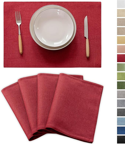 Demetex Red Placemats Set of 4 Wipeable Linen Place Mats Heat Resistant Cloth Placemats for Party Holiday Dinner, 13 x 19 inches, Wine Red