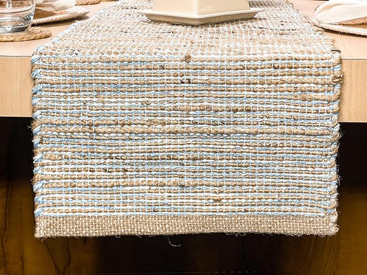 Chardin Home Natural Jute Table Runner 13x90 Inch – Vintage Boho Rustic Table Decor – Handwoven Jute Table Runner in Natural and Blue – Farmhouse Dining or Console Table Accent