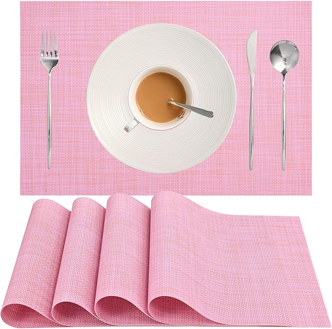 Zupro Placemats Set of 4 Washable Heat-Resistant Non Slip Braided Table Mats Woven PVC Vinyl Kitchen Dining Patio Table Place Mats for Dinner Parties BBQs Indoor and Ourdoor Use.18"x12"(Pink)
