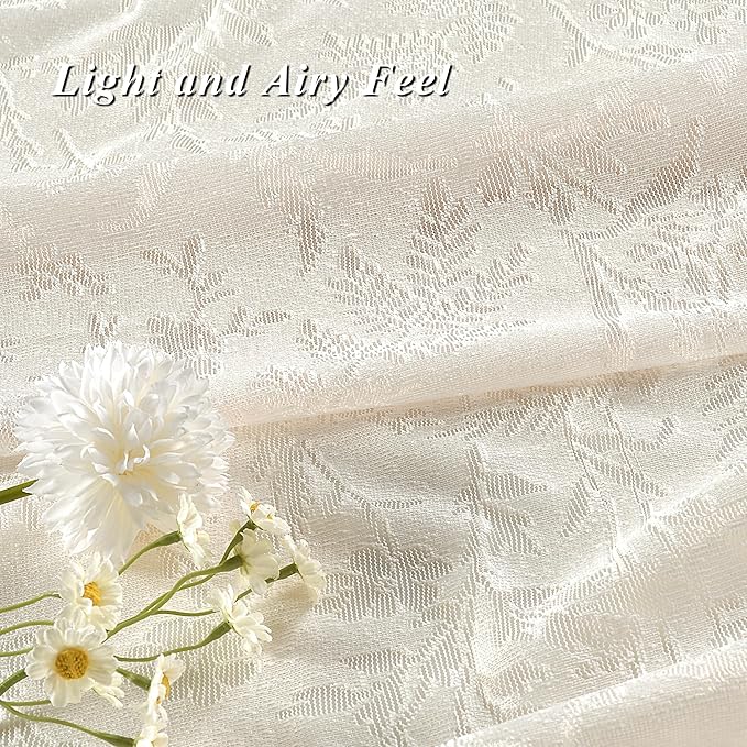 JOOJA Boho Lace Curtains 84 Inch Length 2 Panels Beige Sheer Floral Leaf with Tassels, Semi Blackout Privacy Curtains for Bedroom & Living Room Beige 52"x84"