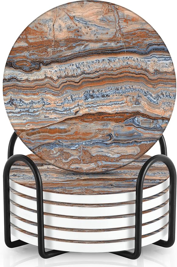 Emerson Coasters for Drinks Absorbent – Natural Stone Drink Coasters Set with Holder, Coasters for Coffee Table, Wooden Tabletop Protection Marble Style – 100% Heavy Duty Set of 6 (Terra)