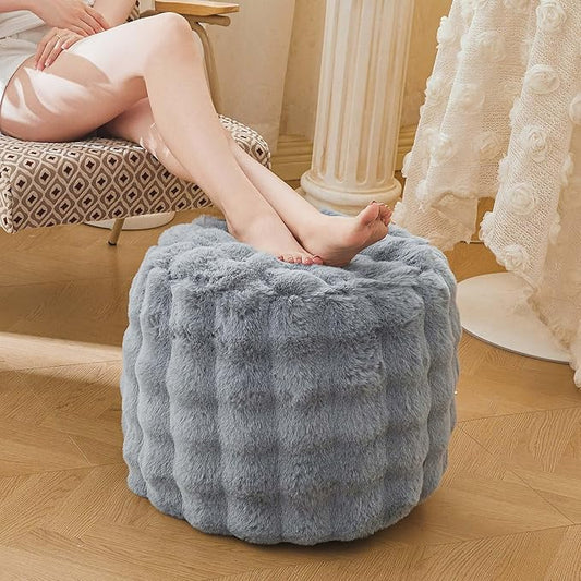LIFEREVO Faux Rabbit Fur Round Inflatable Pouf Ottoman, 20" X 16" Shaggy Waffle Bubble Floor Poufs Foot Rest Living Room Bedroom, Furry Pouf Chair Foot Stool Couch Home Decor, Anti-Slip, Light Grey