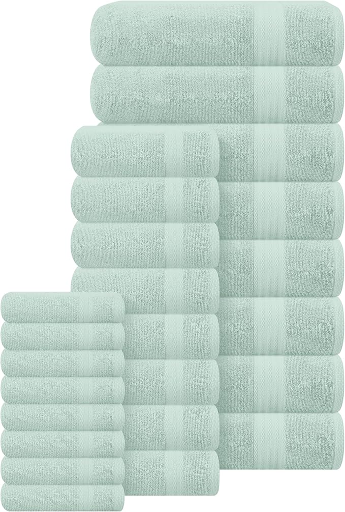 GLAMBURG Ultra Soft 24-Piece Towel Set - 100% Pure Ringspun Cotton, Contains 8 Oversized Bath Towels 27x54, 8 Hand Towels 16x28, 8 Wash Cloths 13x13 - Ideal for Everyday use, Hotel & Spa - Sea Green