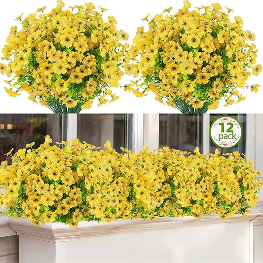 Artificial Flowers Outdoor Faux Plants UV Resistant 12 Bundles Fake Patio Flowers Plastic Greenery Plnats Outside Bulk for Spring Garden Hanging Planter Home Vase Decor, Yellow