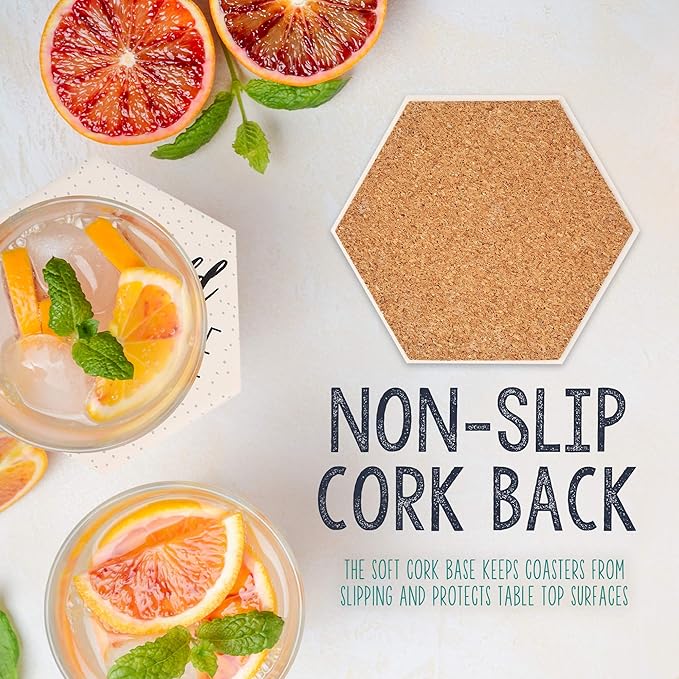 LotFancy Funny Drink Coasters with Holder, 6PCS Absorbent Ceramic Coasters, Hexagon Set, Non-Slip, Bar Room Decor