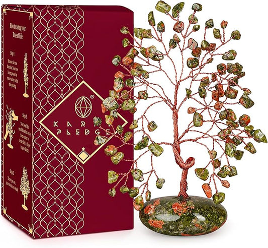 Crystal Tree of Life Home and Office Feng Shui Decor, Unakite Healing Crystal Handmade Bonsai Tree for Positive Energy, Good Luck, Money, Christmas Decor, Birthday Gifts for Women, Mom