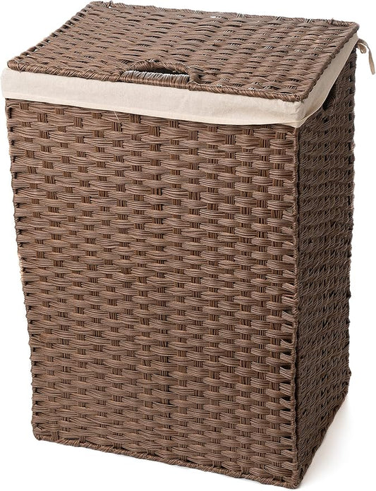 Synthetic Wicker Laundry Hamper Basket with Lid and Liner (Brown)