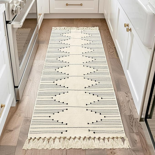 Tritard Boho Runner Rug 2x6 - Washable Area Rug for Hallway, Lightweight Farmhouse Aztec Cotton Rugs with Tassels Kitchen Bathroom Woven Low Pile Thin Carpet for Entryway, Bedroom, Beige Cream