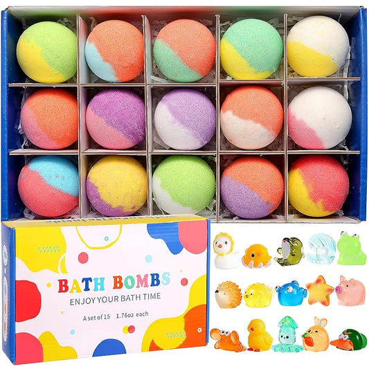 Bath Bombs for Kids - 15pcs Bath Bombs with Surprise Toys Inside, Kids Friendly & Non-Toxic Fizzy Shower Bombs for Girls Boys, Handmade Bubble Bombs Bath Gift for Birthday, Christmas