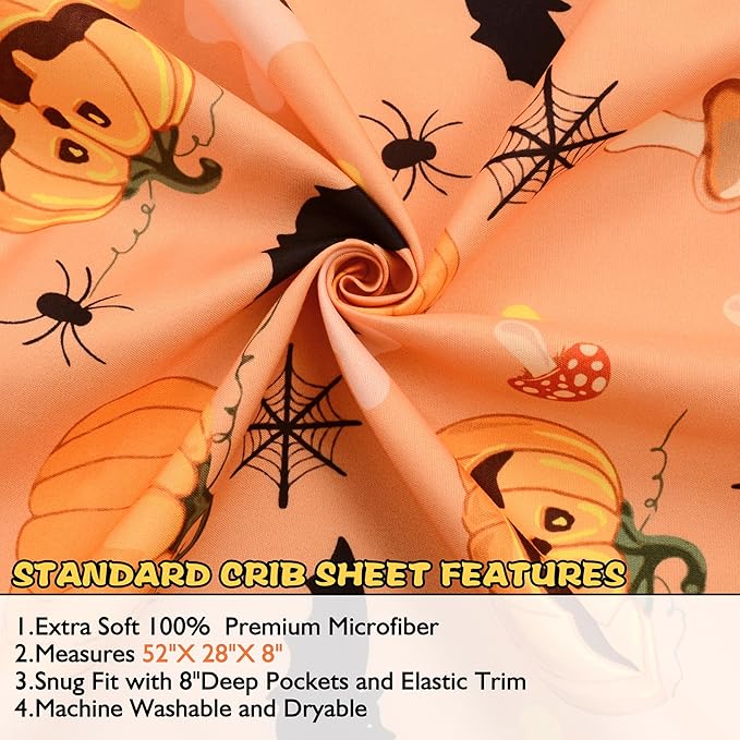 Halloween Crib Sheets, Fitted Crib Sheet with Bats, Ghosts, Pumpkin, Spider, and Mushrooms, Measuring 52'' x 28'' to fit Standard Crib & Toddler Mattresses, Orange