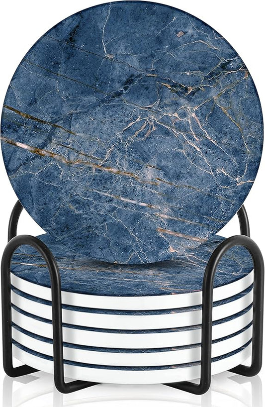 Emerson Coasters for Drinks Absorbent – Natural Stone Drink Coasters Set with Holder, Coasters for Coffee Table, Wooden Tabletop Protection Marble Style – 100% Heavy Duty Set of 6 (Ocean)