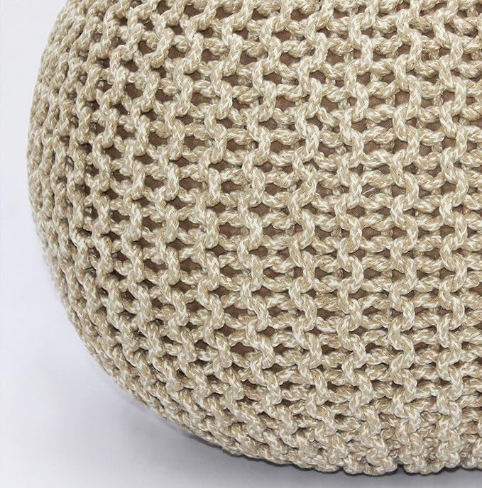 COTTON CRAFT Round Pouf - Hand Knitted Tweed Cable Dori Pouf Ottoman - Cotton Braid Cord Foot Stool Footrest Accent Seat Furniture Bean Bag - Family Room Kids Nursery Dorm - 20x14 - Natural