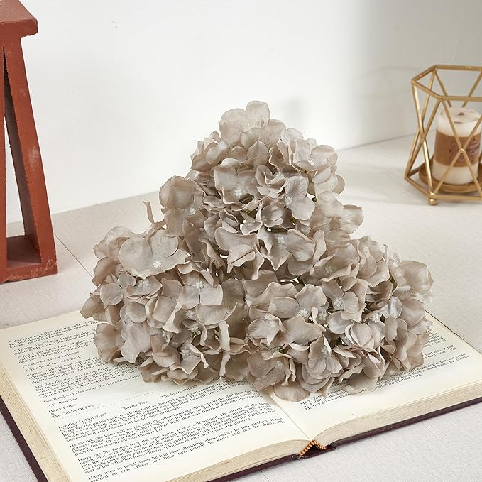 Artificial Hydrangea Flowers Coffee Heads 10 Fake Hydrangea Silk Flowers for Wedding Centerpieces Bouquets DIY Floral Decor Home Decoration with Stems(VASE NOT Included)