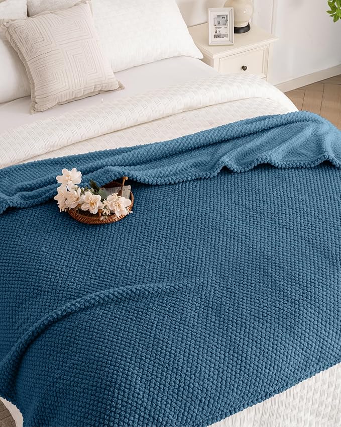 Blue Soft Fleece 300GSM Twin Blanket for Couch Cozy Flannel Room Decorative Blankets, Lightweight Plush Blanket for Bed Sofa, 60x80