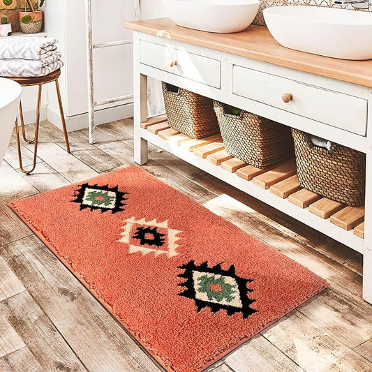 DEXDE Boho Bathroom Rugs Coral Red Bath Mat Non Slip Western Geometric Bath Rug Luxury Soft Absorbent Carpet for Bathroom Shower Kitchen Entryway Farmhouse Decor 24x36