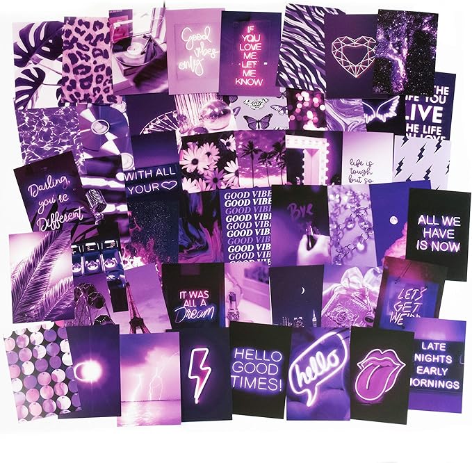 Artivo Purple Wall Collage Kit, 50 Set 4x6 Butterflies, Purple Black Pictures for Wall Decor, Posters for Room Aesthetic, Girls Room Decor, Cute Wall Decor for Teens
