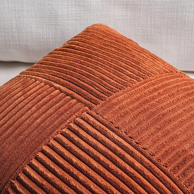 Fancy Homi Set of 2 Burnt Orange Boho Long Lumbar Body Decorative Throw Pillow Cover 14x36 Inch for Bed Couch Bedroom Bench, Soft Patchwork Corduroy Textured Pillow Case, Rustic Farmhouse Room Décor