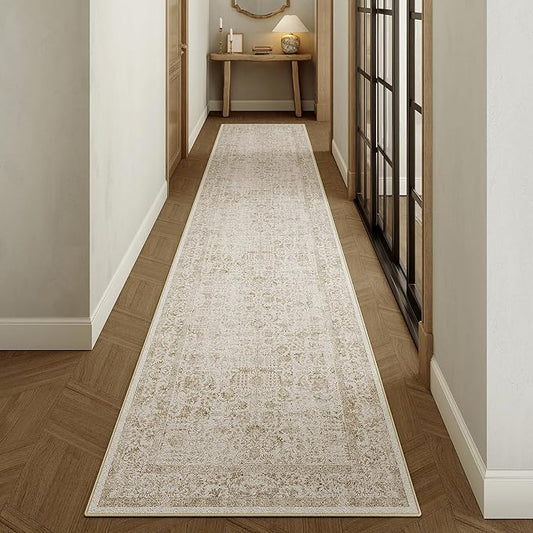 Light Brown Runner Rug 2x12 Hallway Machine Washable Kitchen Vintage Distressed Non Slip Long Carpet Indoor Retro Floral Bedroom Accent Throw Rug for Bathroom Office Laundry Dining Room