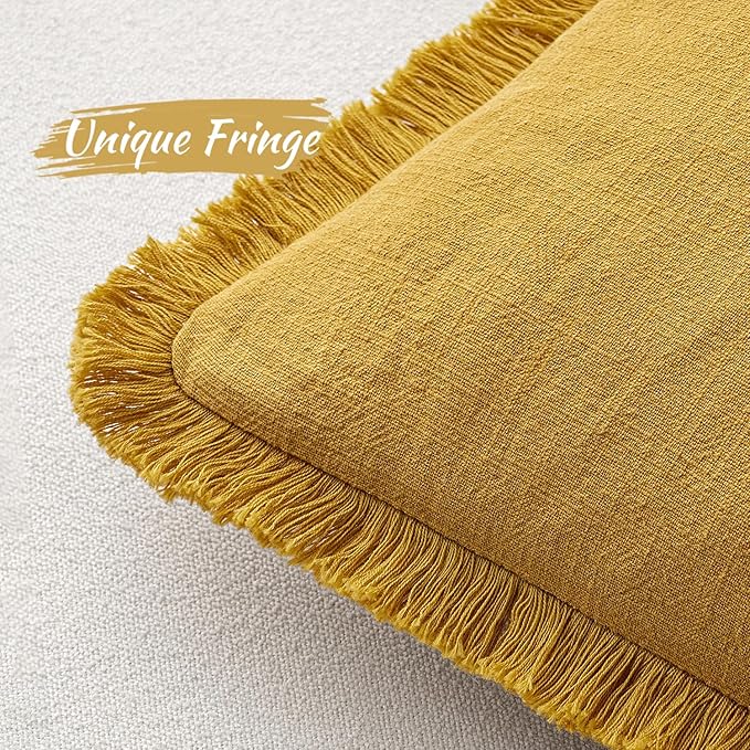 MIULEE Decorative Throw Pillow Covers Neutral Linen Fringe Throw Pillows Set of 2 Mustard Yellow Boho Farmhouse Cushion Covers with Tassels for Couch Sofa Bed Living Room Spring Home Decor 20x20 Inch