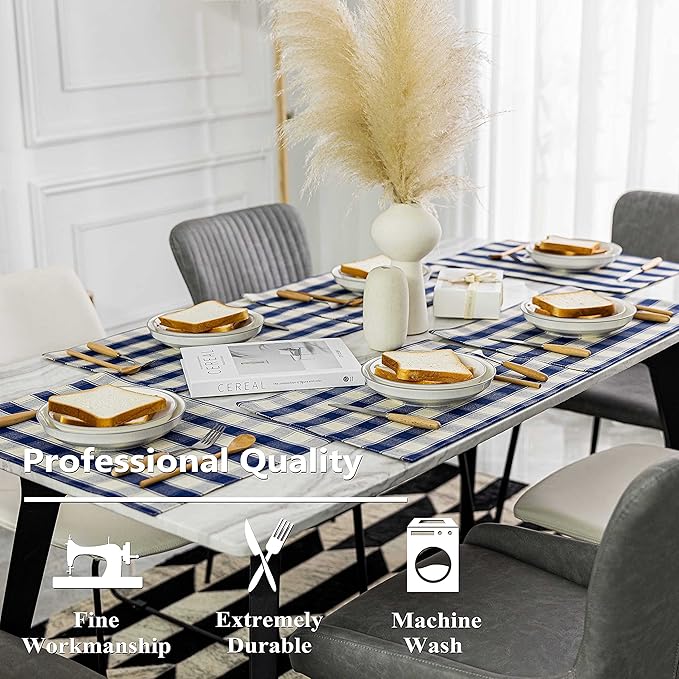 Home Brilliant Farmhouse Placemats Set of 6 Machine Washable Place Mats for Kitchen Table Mats, 13 x 19 inches, Checker Plaid, Navy Blue