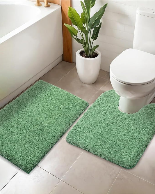 ILANGO 2 Piece Bathroom Rugs Bath Mat Set, Dries Quickly,Non Slip Fluffy Shaggy Bath Washable Mats with U-Shaped Toilet Rug Set for Bathroom,Tub,Toilet (Green,17" x 24" + 20" x 24")