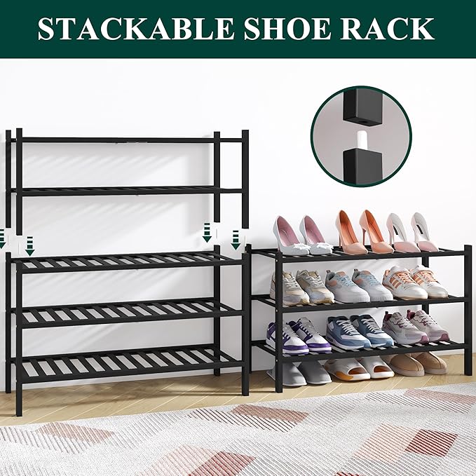Smiry Bamboo Shoe Rack for Closet, 3 Tier Wooden Stackable Shoe Organizer, Free Standing Shoes Storage Shelf for Entryway, Front Door Entrance, Black