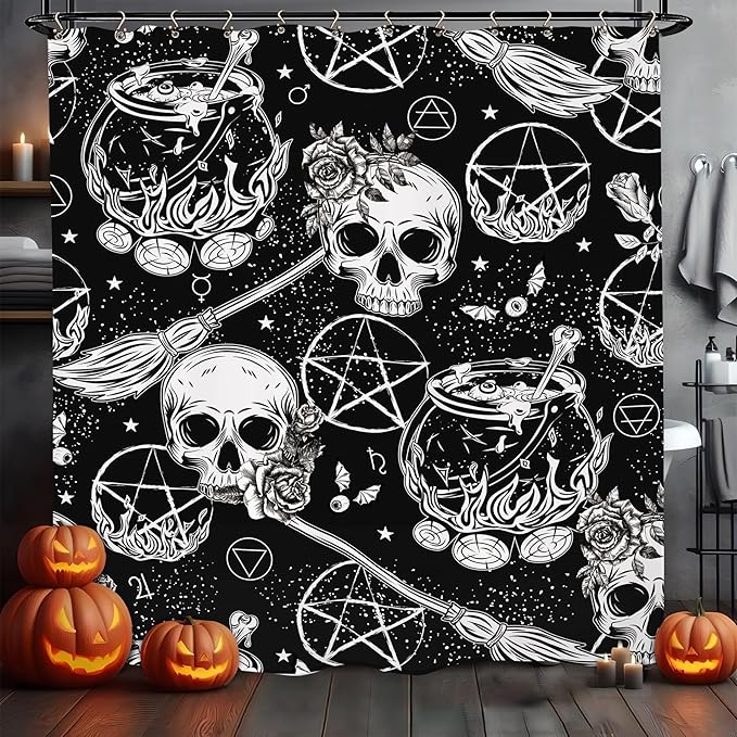 Skull Witch Halloween Shower Curtain 60Wx72L Inch Horror Spooky Scary Magical Mysterious Gothic Black White Holiday Bathroom Set Accessories Decor with 12 Pack Hooks