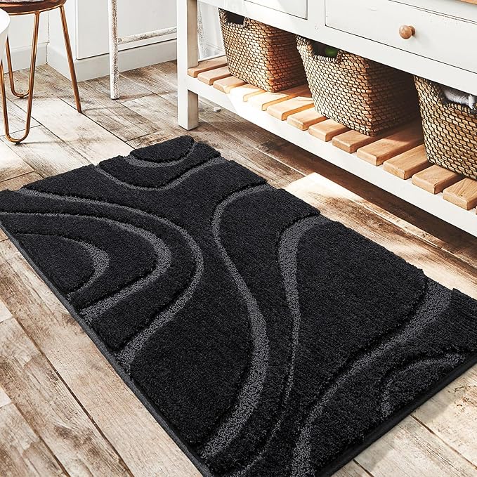 DEXDE Bathroom Rugs Mat,Soft Plush Shaggy Microfiber Bath Rug,Non Slip Bath Mats for Bathroom Floor,Machine Washable Absorbent Carpet for Shower Tub,Black 24"x36"
