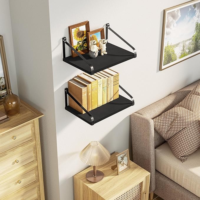 Love-KANKEI Floating Shelves Wall Mount Rustic Wood Wall Shelves with Large Storage L16.5 x W12 inch for Kitchen Living Room Bathroom Bedroom Set of 2 Black