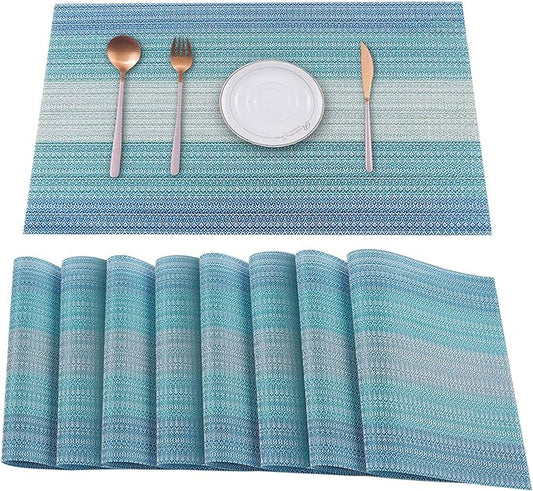HeloHo Blue Placemats Set of 8,Vinyl Table Place Mats Stain Resistant Foldable Placemats Washable Wipeable Placemat for Kitchen Dining Table Decoration Indoor Outdoor.