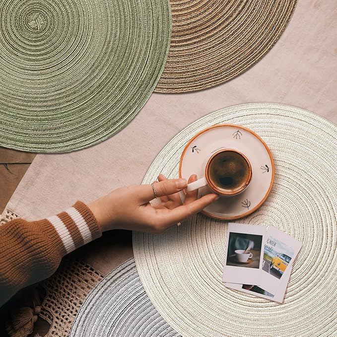 Noctiflorous 15 Inch Round Placemats Set of 6 Durable Braided Woven Heat Resistant Table Mats for Indoor Outdoor Non Slip Dining Table Place Mats(Beige, 6)