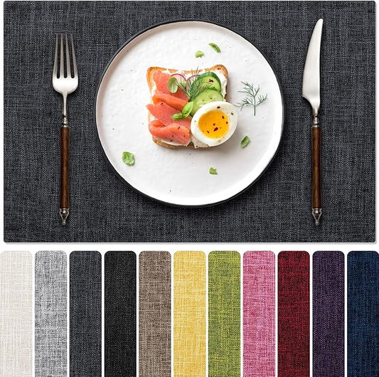 Placemats Set of 6, Dual-Layered Thickened Faux Linen Cloth Place Mats Heat Resistant Machine Washable Wrinkle Free Table Mats Indoor/Outdoor (Dark Grey)