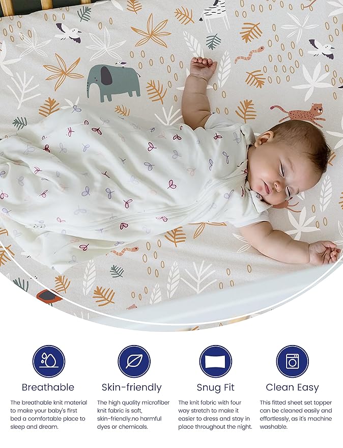 TotAha Jungle Animal Crib Sheets for Girls Boys 2 Pack, Fitted Baby Crib Sheet Neutral for Standard Crib Mattress & Toddler Bed Mattress (52"x28"), Ultra Soft Baby Sheets