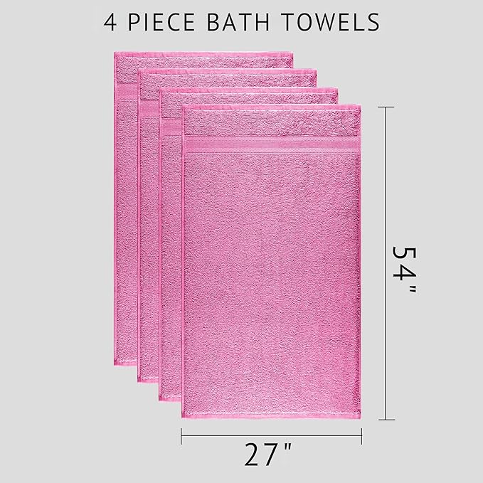 Quick-Dry, Soft & High Absorbent Bath Towels 27"x54" Cotton Turkish Bath Towel Set of 4 | Daily Use 100% Cotton Towels for Bathroom, Gym & More | Bathroom Towels Set (4 Pcs, Pink)