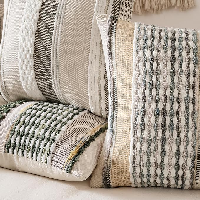 ANRODUO Pack of 2 Boho Decorative Throw Pillow Covers 18x18 Farmhouse Cushion Case Striped Chenille Pillow Cases Square Pillow Covers Accent Neutral Pillowcase for Sofa Couch Bed, Gray Blue Stripe