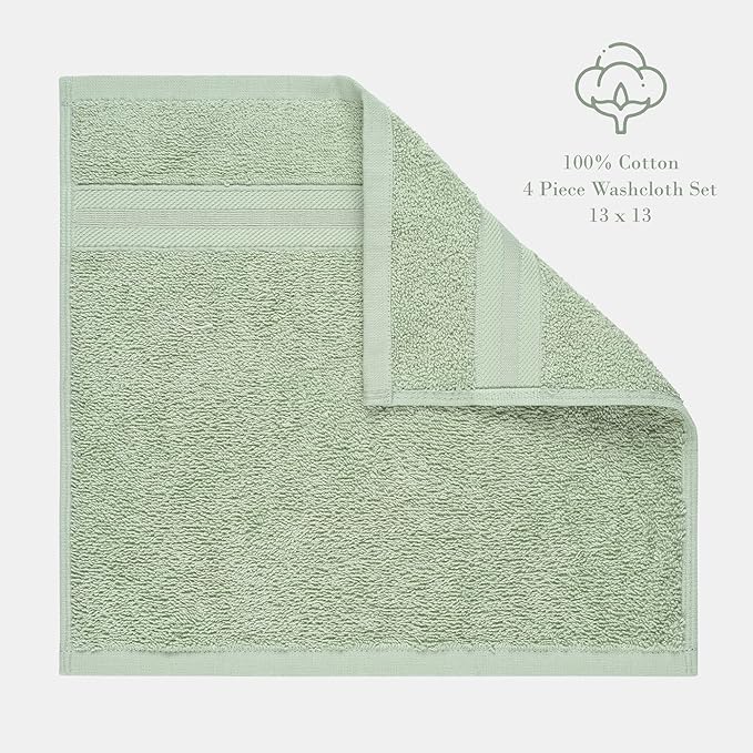 Quick-Dry, Soft & High Absorbent Washcloths Towels 13"x13" Cotton Turkish Bath Towel Set of 4 | Daily Use 100% Cotton Towels for Bathroom Gym & More | Bathroom Towels Set (4 Pcs, Green)