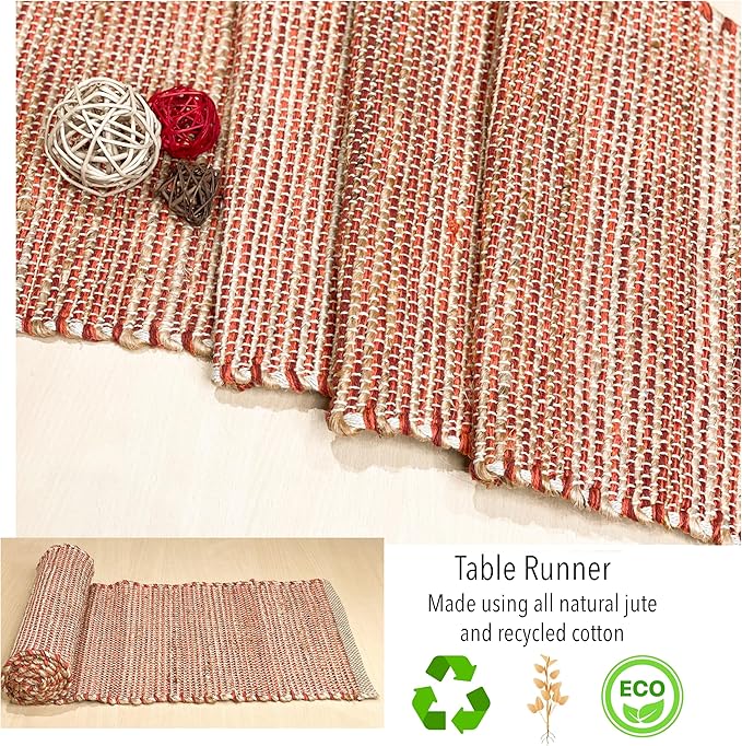 Chardin Home Natural Jute Table Runner 13x48 Inch – Vintage Boho Rustic Table Decor – Handwoven Jute Table Runner in Natural and Rust Orange – Farmhouse Dining or Console Table Accent