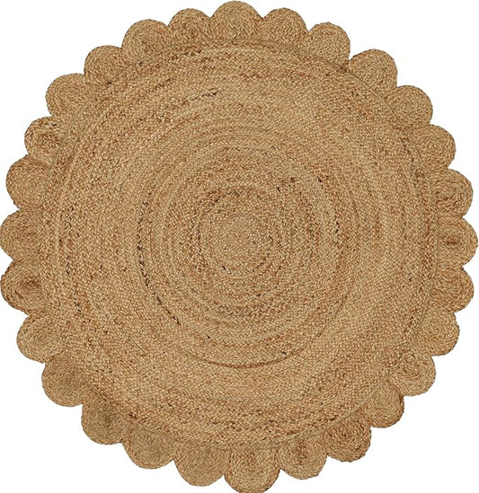 Savi Home Hand Woven Jute Braided Scalloped Rug, 4' Round - Natural, Reversible Area Rugs for Living Room, Farmhouse, Kitchen, Handcrafted 4 Feet Round Area Rugs - Natural