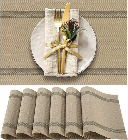 More Décor Dining Table Placemats, Washable Heat-Resistant PVC Vinyl Table Mats for Dining Room and Kitchen, Anti-Slip - Set of 4 - Khaki