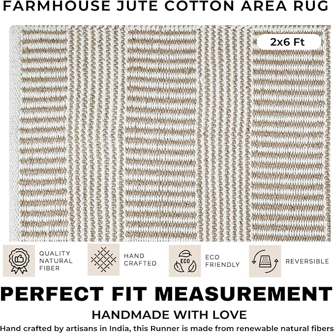 Bedding Craft Jute Cotton Stripe Area Rug Runner for Living Room 24x72 Inch - Natural Ivory - Machine Washable 2x6 Feet Rugs - 70% Jute and 30% Cotton