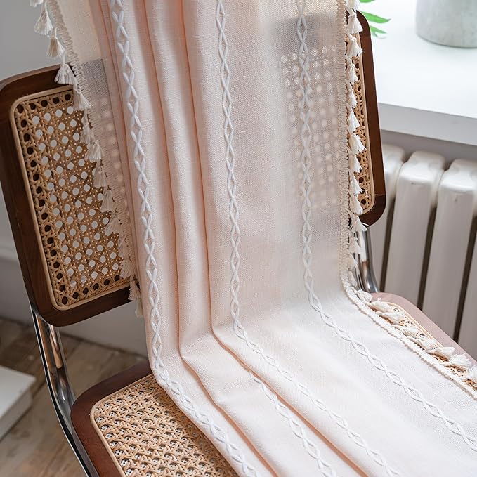 Sutuo Home Boho Curtains for Bedroom Dining Room Kitchen, Semi Blackout Linen Farmhouse Shabby Chic Tassels Window Treatment Bohemian Embroidery Drape, Rod Pocket 1 Panel 52" W x 63" L Champagne