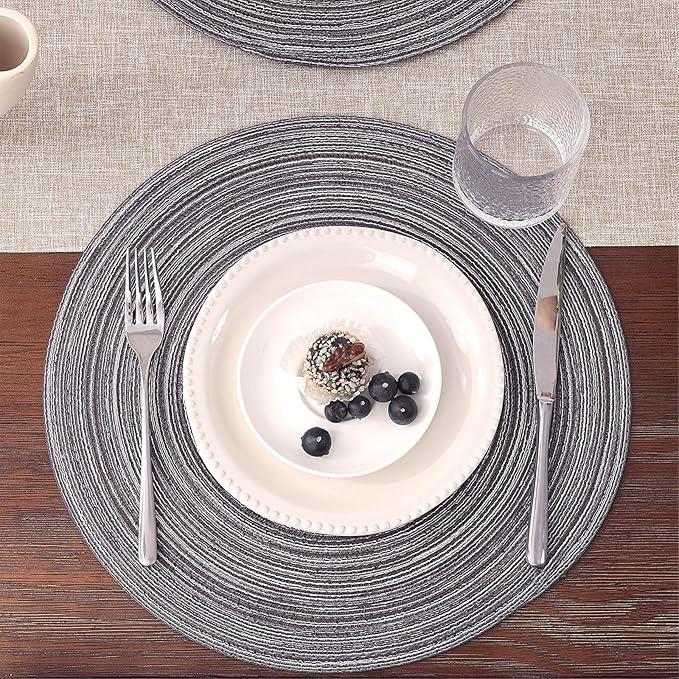 SHACOS Round Placemats Set of 4 Round Braided Placemats 15 inch Cotton Polyester Woven Table Placemats for Dining Table Holiday Party (Black Grey, 4)
