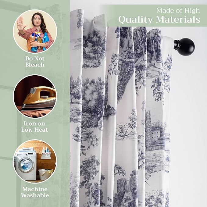 Maison d' Hermine Curtains for Living Room 100% Cotton 124 inch Length Two Panels Light Filtering Toile Curtains for Bedroom Windows with Rod and Loop Pockets Drapes (Trianon Blue, 50" W x 124" L)
