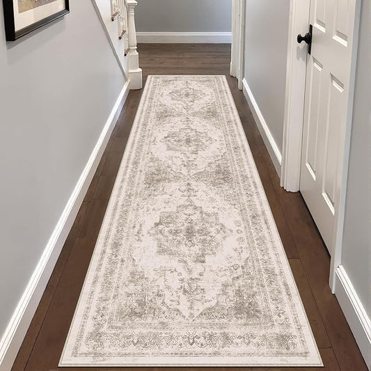 Runner Rug 3x12 Washable Taupe Hallway Runner Vintage Boho Medallion Non Slip Distressed Retro Carpet Indoor Low Pile Long Soft Rug for Kitchen Entryway Bedroom Bathroom Laundry