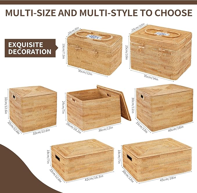 Rattan Basket With Lid,Large Storage Basket Lidded,Rattan Box For Shelf (16.5" L×12.6"W×7"H)