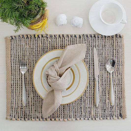 Chardin home | Natural Jute Placemats Set of 4 | 13x19 Inch. Rustic Farmhouse Place mats | Table mats Colors - Natural Jute and Grey