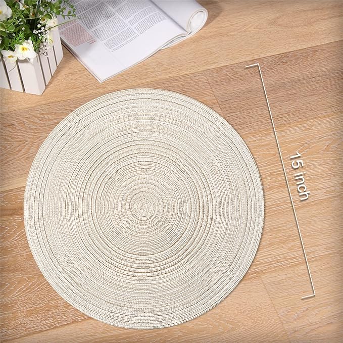 Noctiflorous 15 Inch Round Placemats Set of 6 Durable Braided Woven Heat Resistant Table Mats for Indoor Outdoor Non Slip Dining Table Place Mats(Beige, 6)